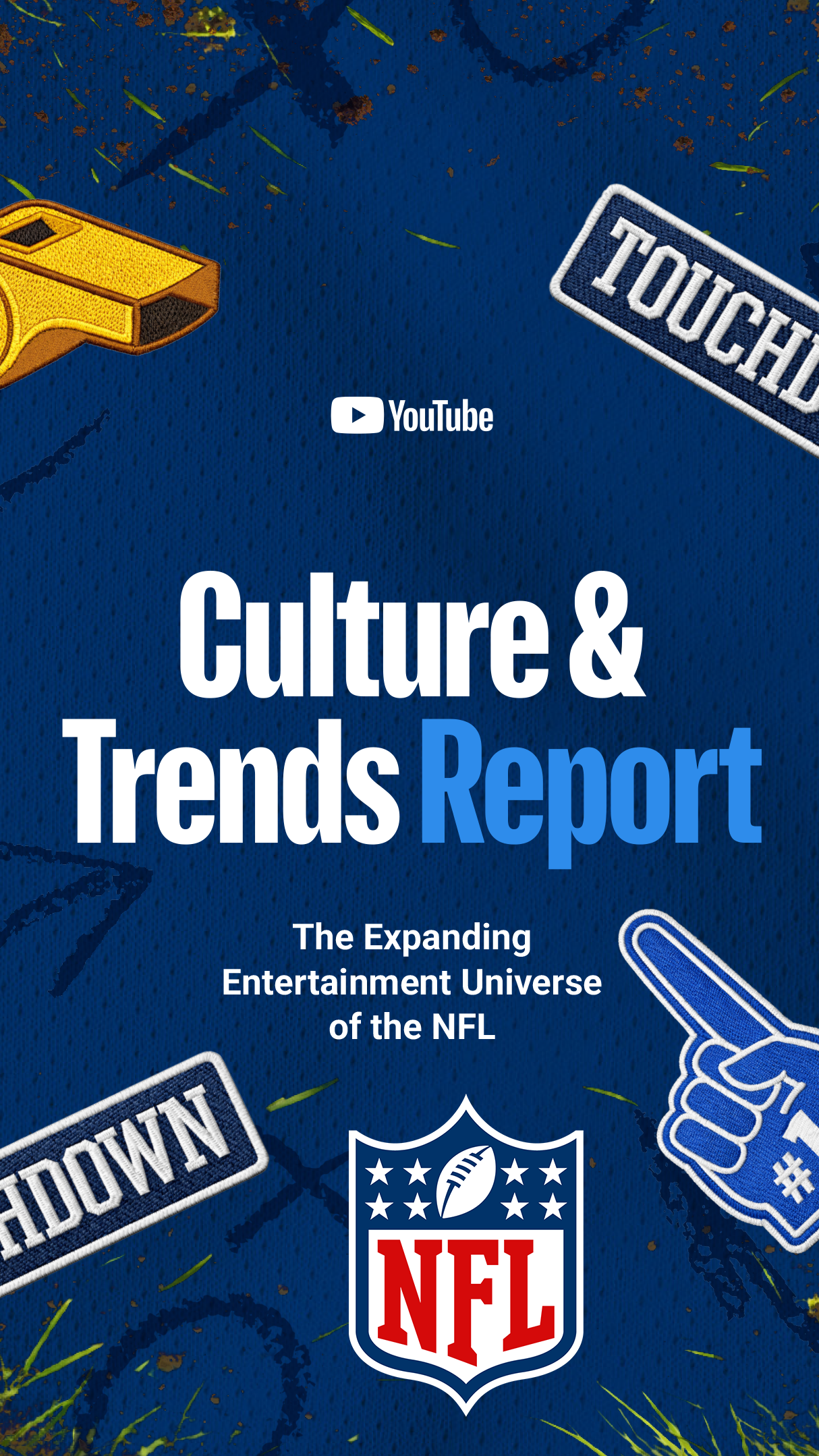 A graphic titled "Culture & Trends Report: The Expanding Entertainment Universe of the NFL" by YouTube, featuring football-themed patches like a helmet and whistle.
